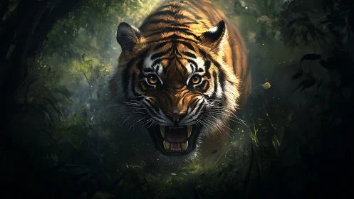 Powerful tiger moves through lush jungle with fierce grace