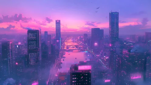 Neon lit futuristic city skyline at sunset above river.