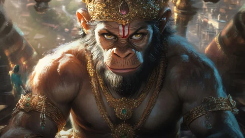 Simian warrior king glows in divine gold and stormlight.