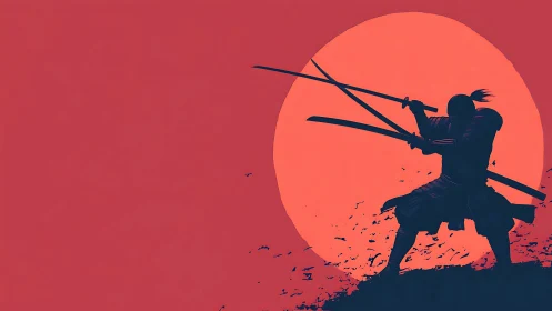 Silhouetted swordsman stands before a flat circular sun backdrop