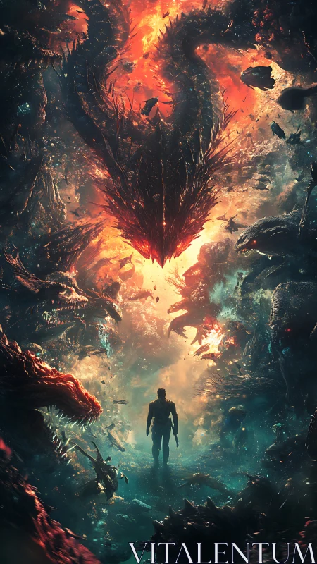 Lone human confronts colossal cosmic dragon in firestorm.