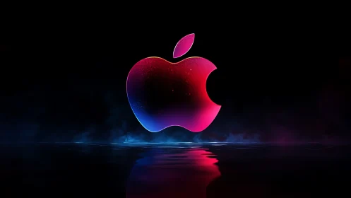 Glowing gradient apple logo floats above neon misty water
