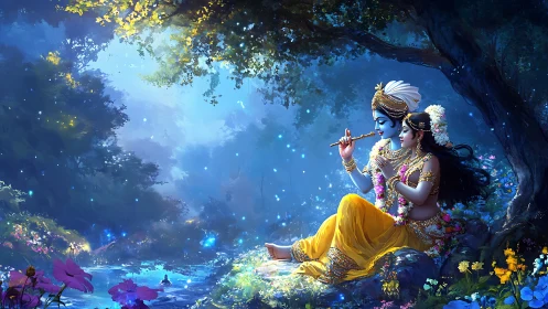 Divine riverbank lovers illuminated by ethereal moonlit glow