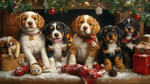 Christmas puppies arranged before fireplace with decorations.