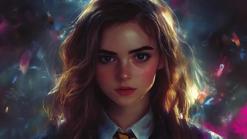 Cinematic digital portrait of freckled girl in luminous bokeh