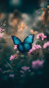 Midnight-winged butterfly drifting through pastel blooms.