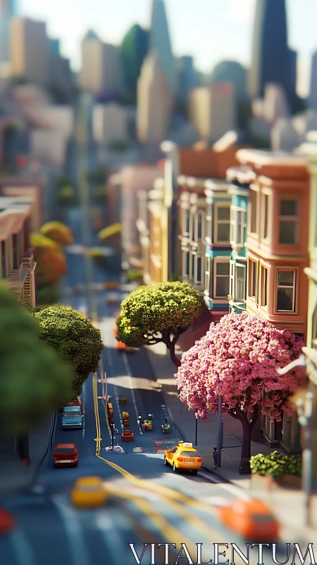 Steep urban street scene with stylized cars and housing.