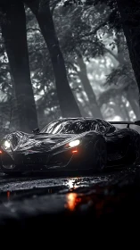 Midnight hypercar poised on wet forest road in misty gloom.