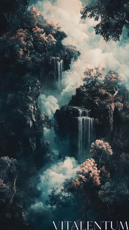 Vertical forest gorge with tiered waterfalls and misty clouds.
