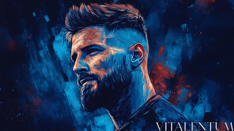 Electric blue digital portrait with intense orange highlights.