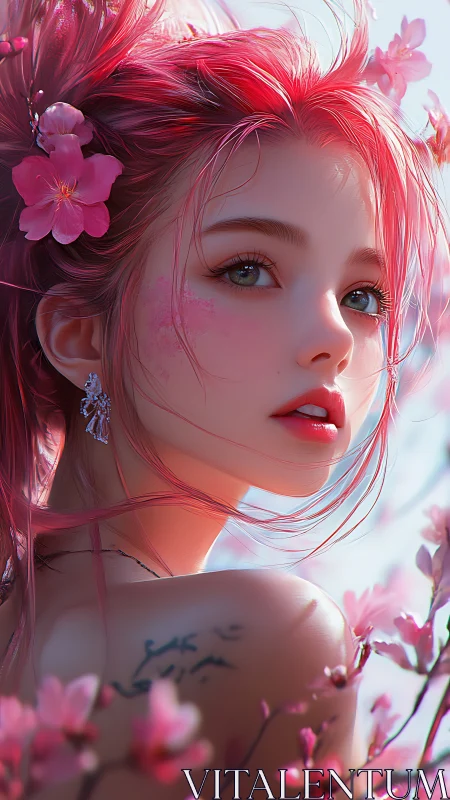 Pink haired woman among blossoms, detailed portrait.