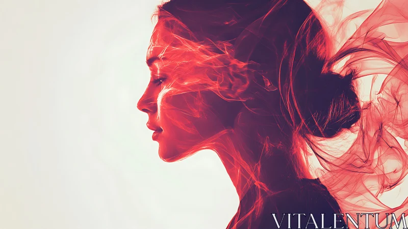 Profile of woman blended with flowing red smoke forms.