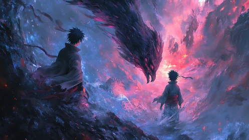 Fiery spirit dragon meets lone warrior in swirling storm