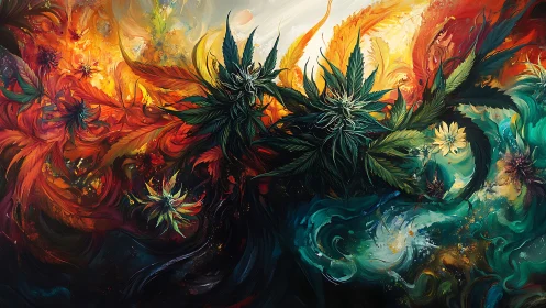 Cannabis foliage arcs through swirling fire and water fields