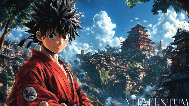 Anime character stands before dense cliffside temple city