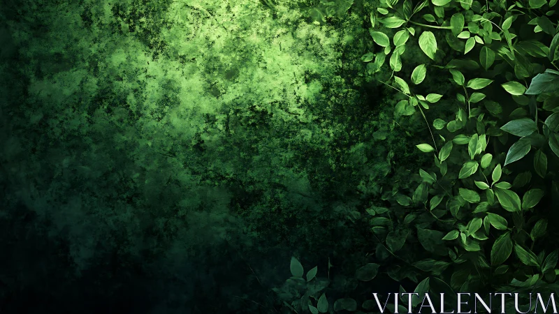 Dense green foliage frames textured mossy wall space