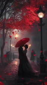 Figure with Red Umbrella in Autumn Street Scene