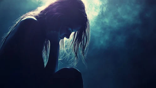 Photorealistic backlit silhouette of woman in profile study.