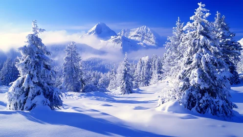 Snow covered conifer forest under clear alpine sky.