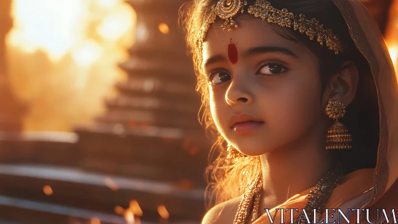 Golden dusk crowns a temple child in quiet, sacred wonder.