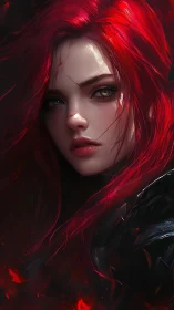Red haired female portrait with scar in dark setting.