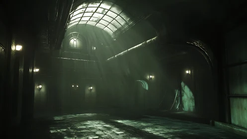 Abandoned underground hall shows light shafts through skylight