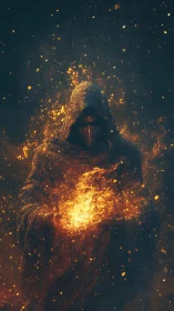 Hooded pyromancer conjuring incandescent plasma sphere.