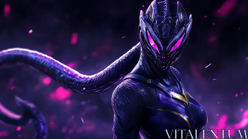Armored humanoid reptilian figure stands amid purple particles