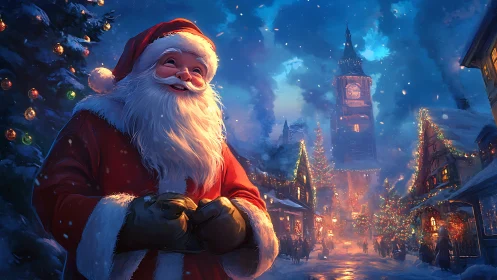 Santa in luminous snowy village under festive night sky.