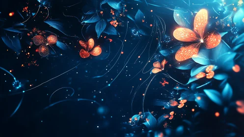 Glowing neon blossoms drift across a deep cosmic night.