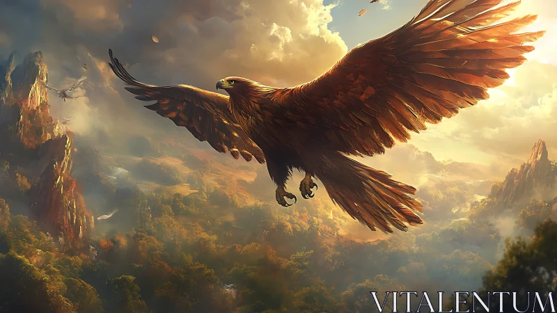 Majestic Eagle Soaring Over Fantasy Mountain Landscape at Sunrise.