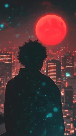 Silhouetted watcher contemplates neon city under a blood moon