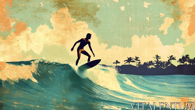 Sunlit surfer riding dreamy tropical evening waves.