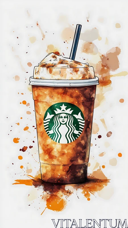 Iced coffee cup rendered as expressive watercolor illustration
