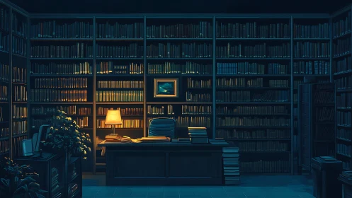 Warm lamplit reading desk contrasts with cool shadowed book stacks