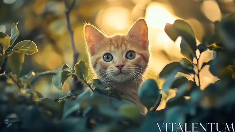 Feline Portrait Amidst Verdant Foliage: Luminous Digital Rendering.