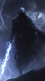 Stormlit shadow wanderer holding a crackling lightning blade.