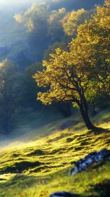 Golden hillside tree bathed in soft morning mountain light.