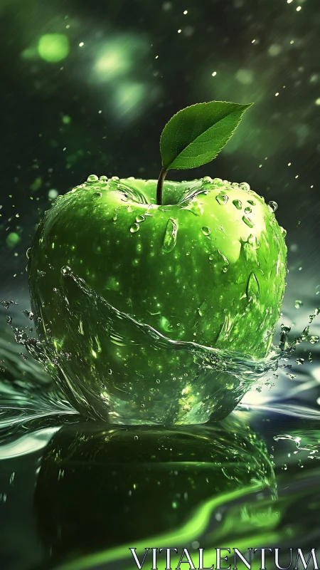 Green apple explodes through water with hyperreal droplets.
