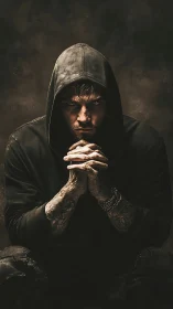 Brooding hooded man in dramatic low key portrait photography.