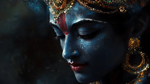 Blue-skinned adorned face in partial profile with jewelry.