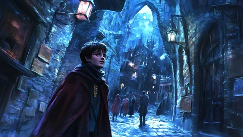 Young robed figure in blue-lit medieval alley at night.