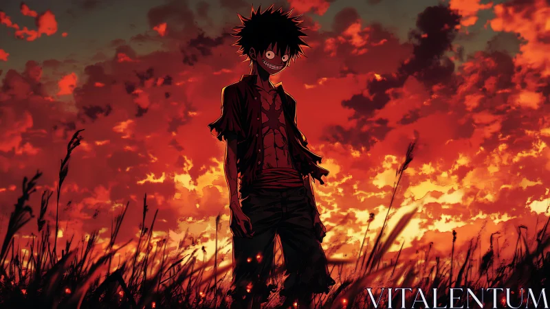 Sinister anime drifter under a burning crimson sunset sky.