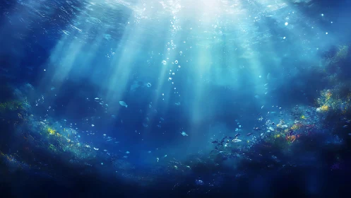 Sunlit ocean depths glow softly around a lively reef
