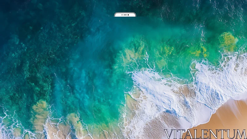 Aerial ocean shoreline with waves on sandy beach scene.