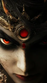Intense goddess-like face with glowing red eyes and crown.