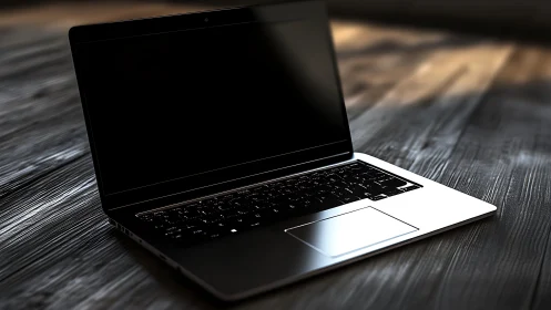Closed-screen laptop rests on textured wooden surface
