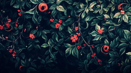Dark botanical pattern with dense green leaves and red flowers.