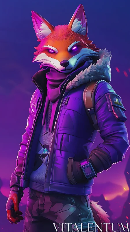 Anthropomorphic fox in urban jacket stands in neon landscape