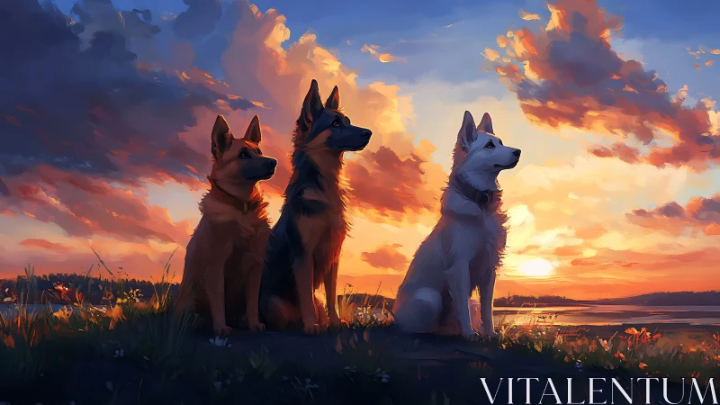 Three shepherd dogs watch glowing sunset over shoreline